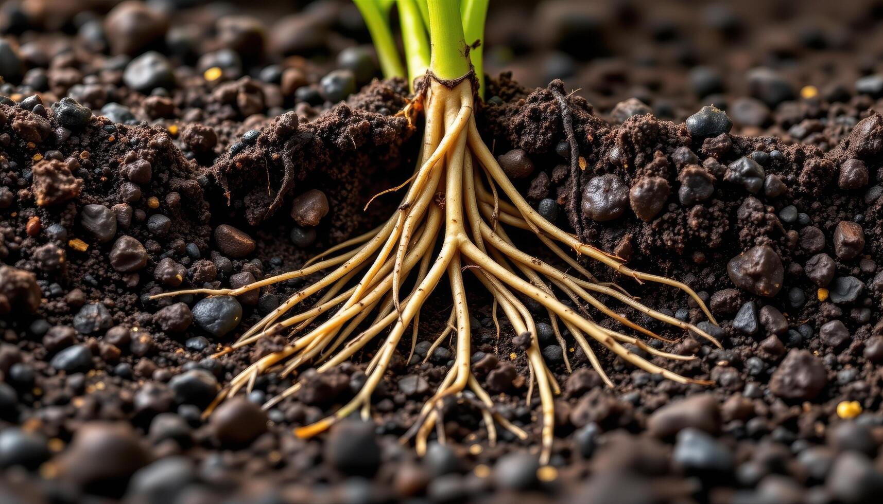 close up view of young plant roots weaving through moist soil, showcasing the raw energy of growth and connection. photo