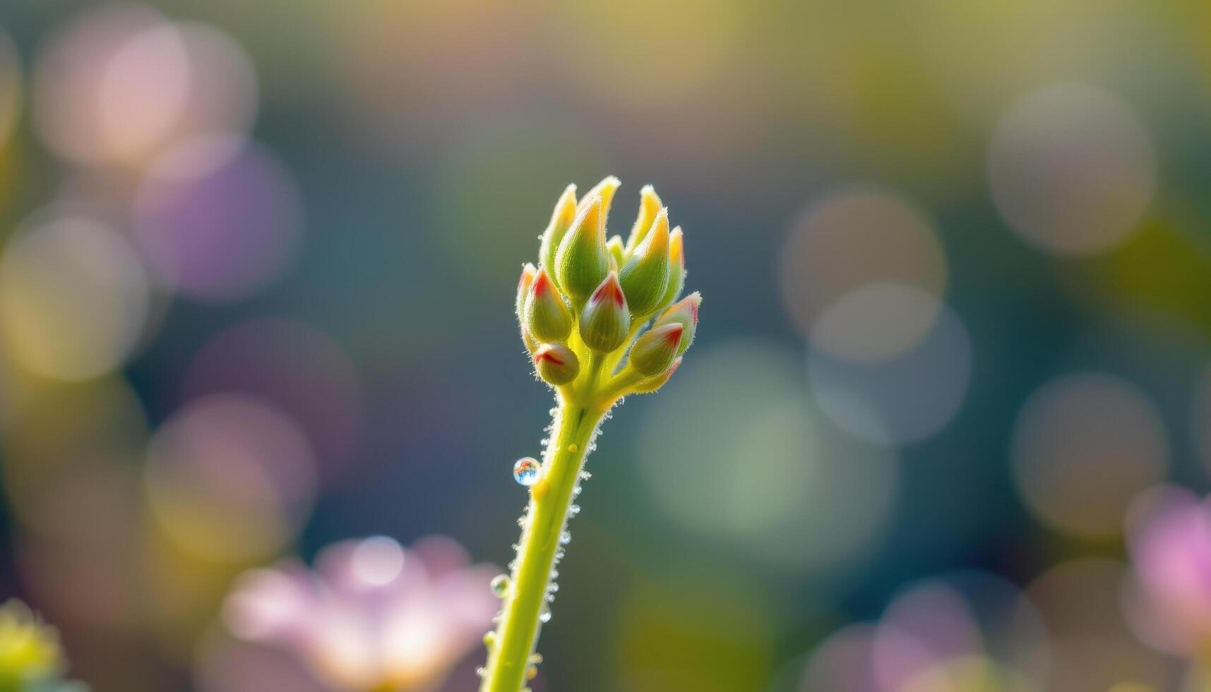 close up view of tiny buds emerging from a slender stem, glowing with early morning dew and sunlight reflections. photo