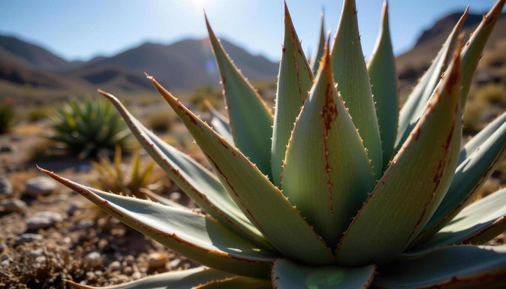 close up view of a desert aloe plant showing sharp ridges and dusty textures beneath bright, direct sunlight. photo