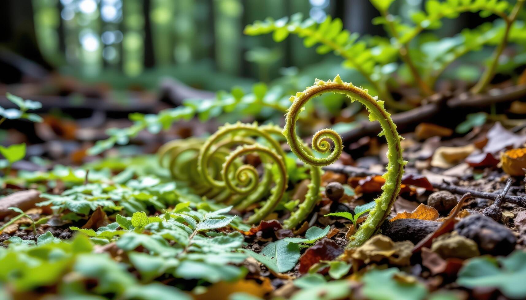 close up view of curled fern spirals gently emerging from the forest floor in a peaceful, humid environment. photo