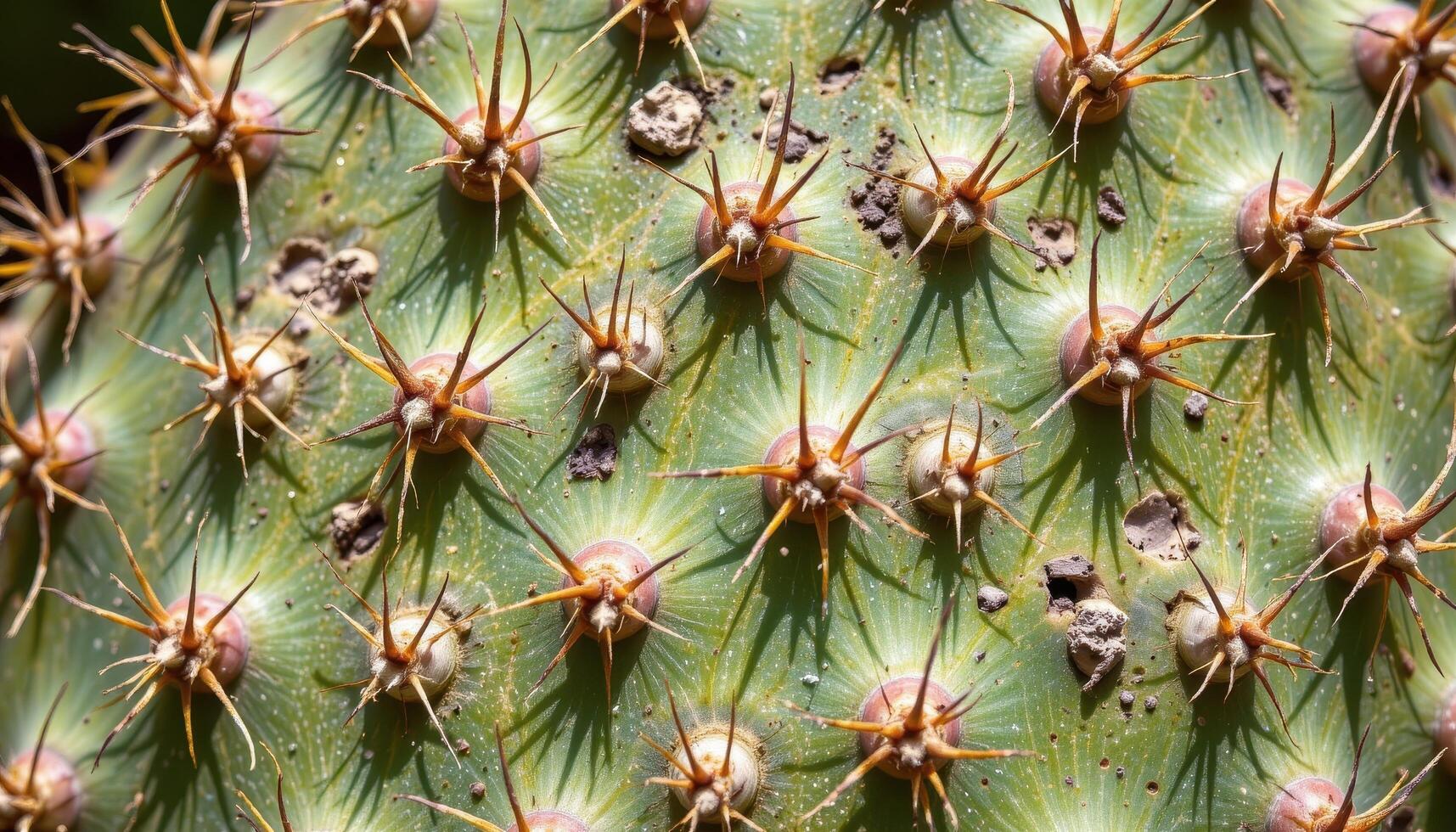 close up view of a prickly pear cactus pad with visible spines and sunlit skin texture. photo