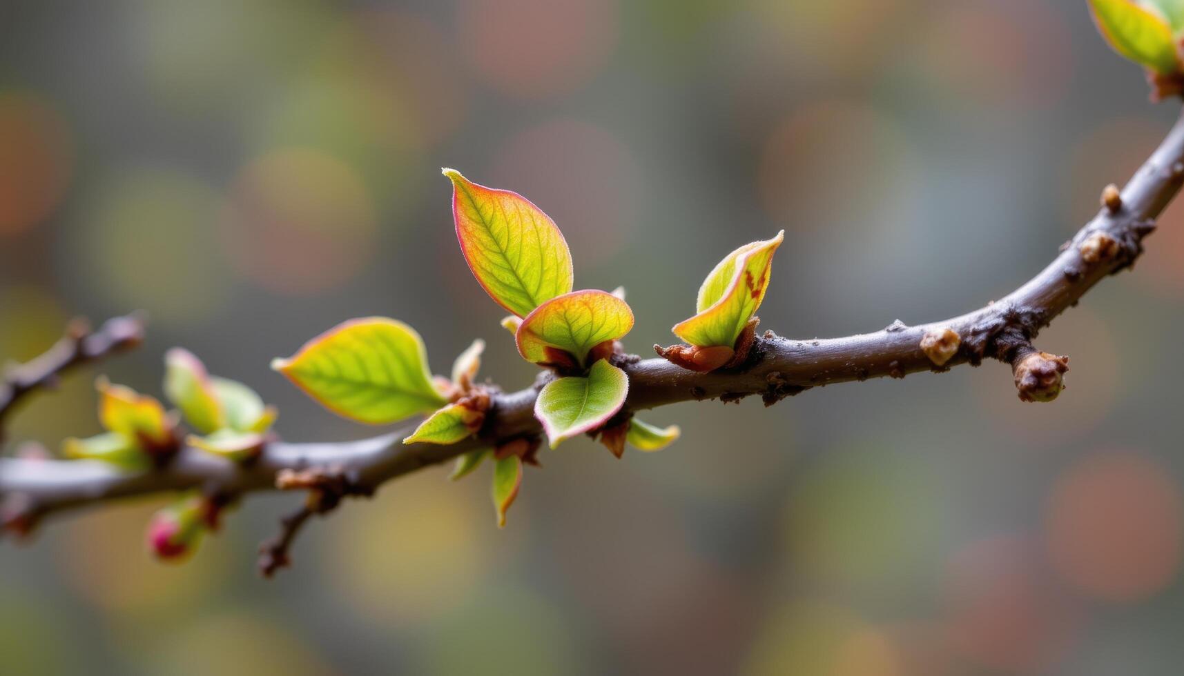 close up view of tender new leaves forming at the tip of a budding tree branch in early spring. photo