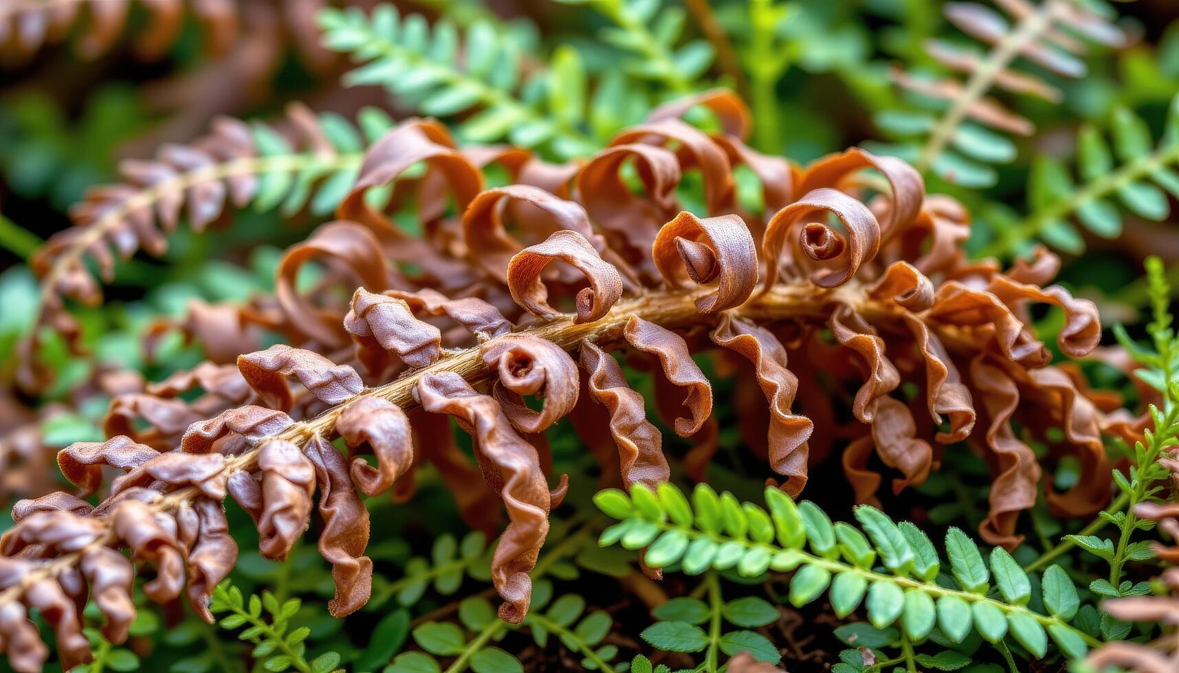 close up view of curled brown ferns from the previous season, surrounded by new green growth. photo