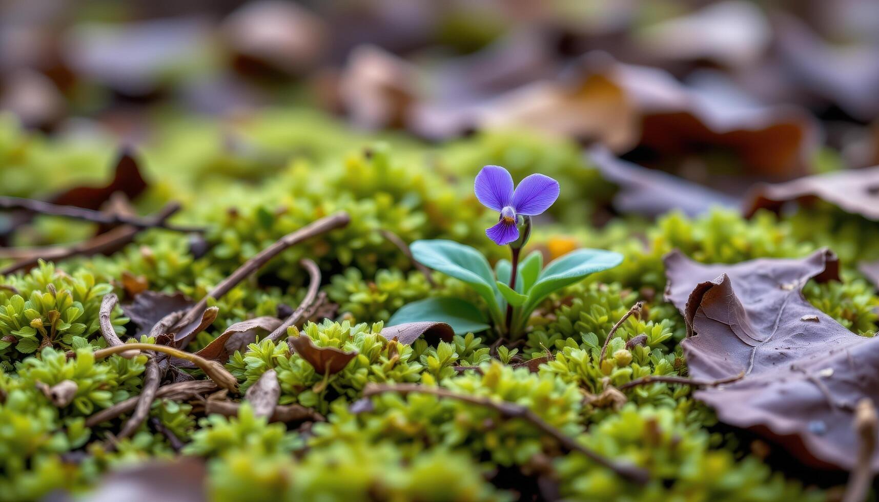 close up view of a wild violet peeking through a dense bed of moss and decomposing leaves. photo