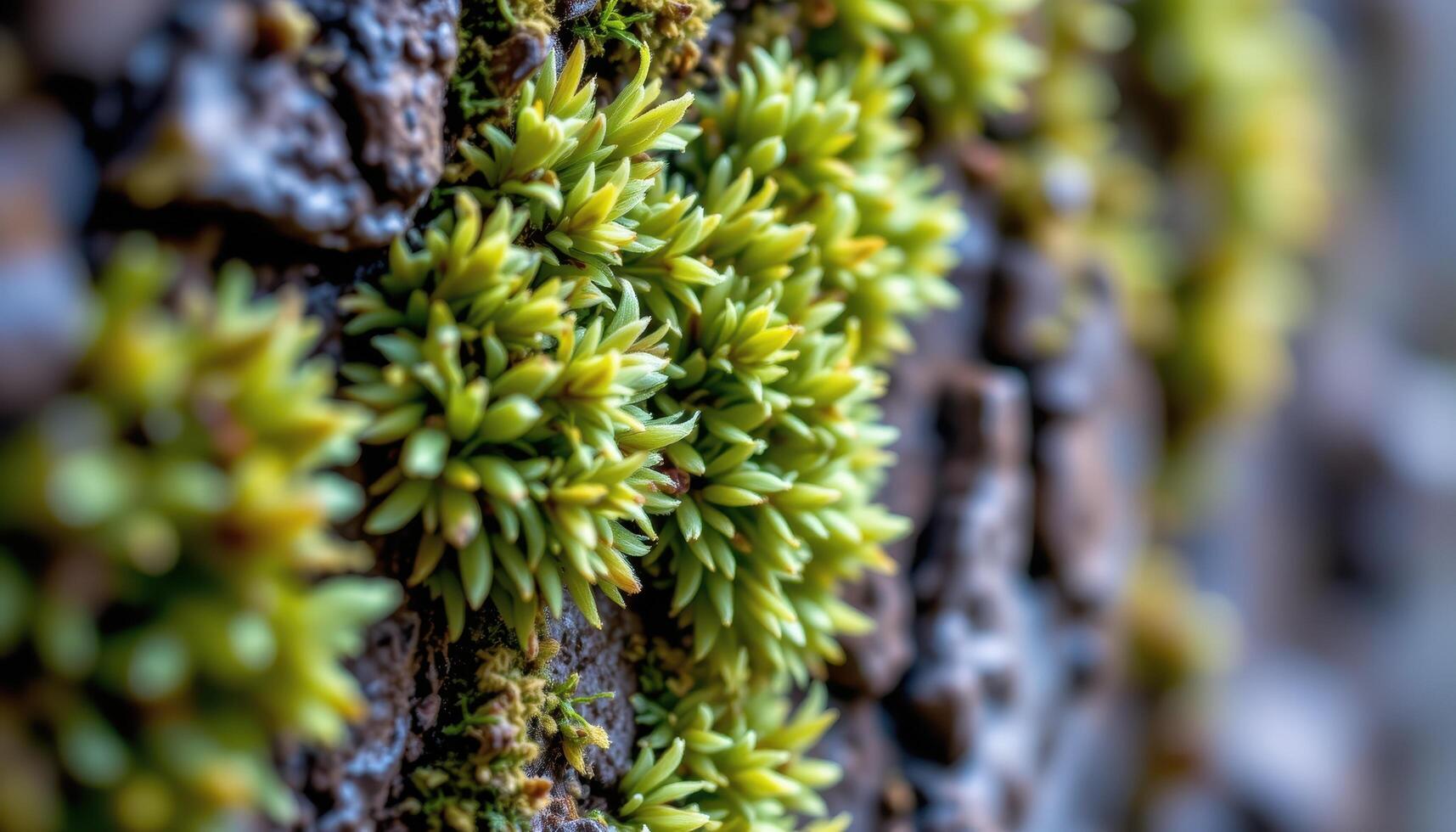 close up view of soft moss growing on the side of a tree trunk, detailed with moisture and light. photo