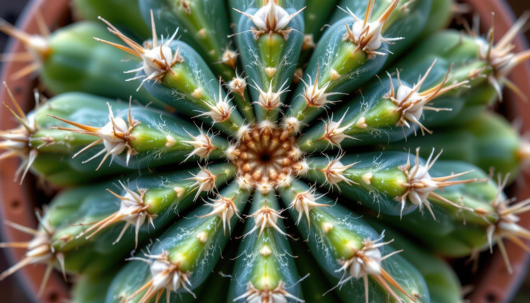 close up view of a symmetrical cactus pattern with radial spines and dusty green surfaces. photo