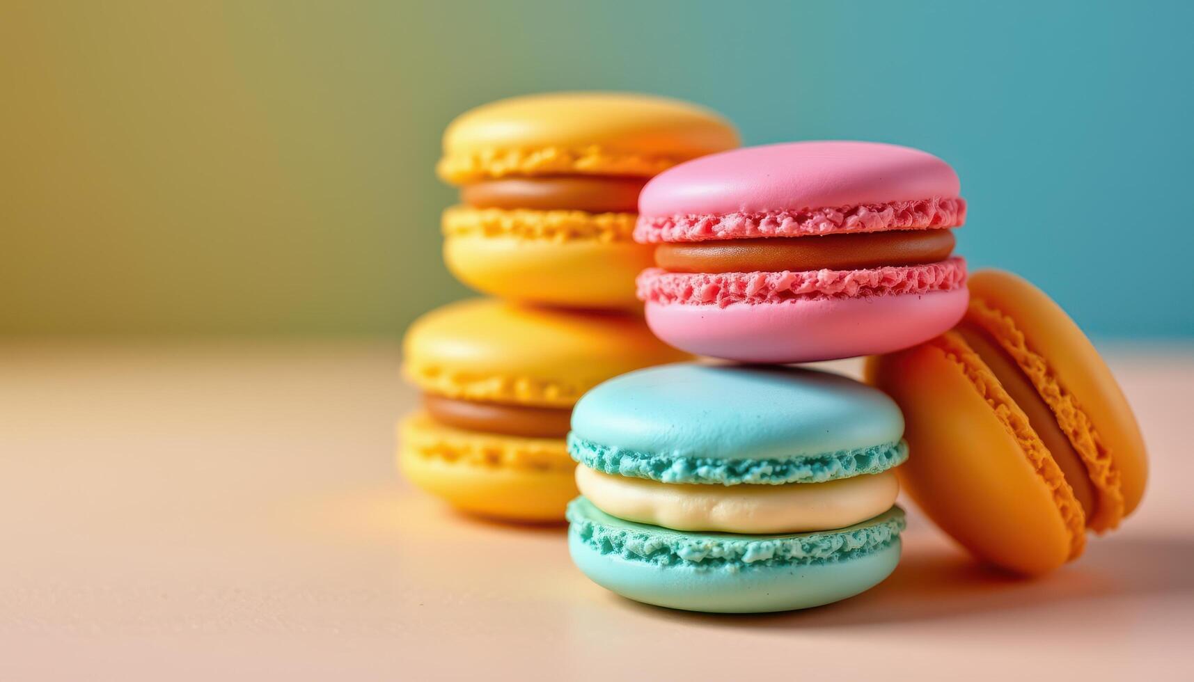 close up view of three tone layered macarons presented diagonally on a gradient background. photo