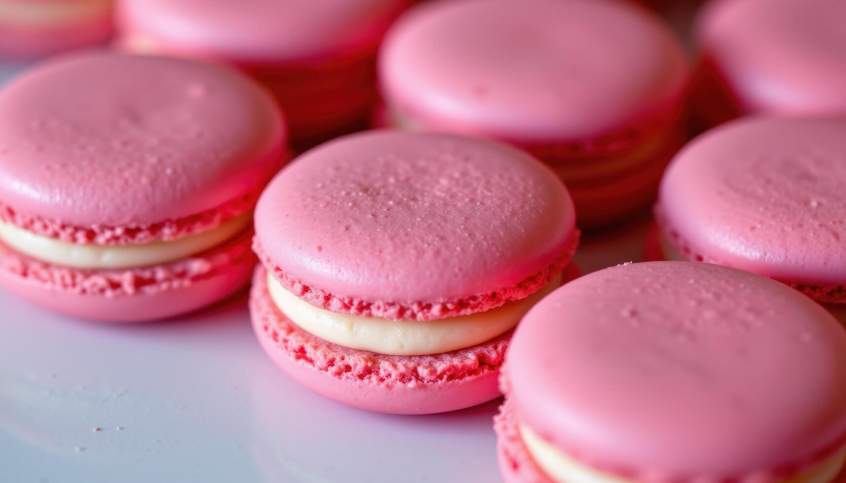 close up view of bubblegum pink macarons with glossy tops and extra thick filling. photo
