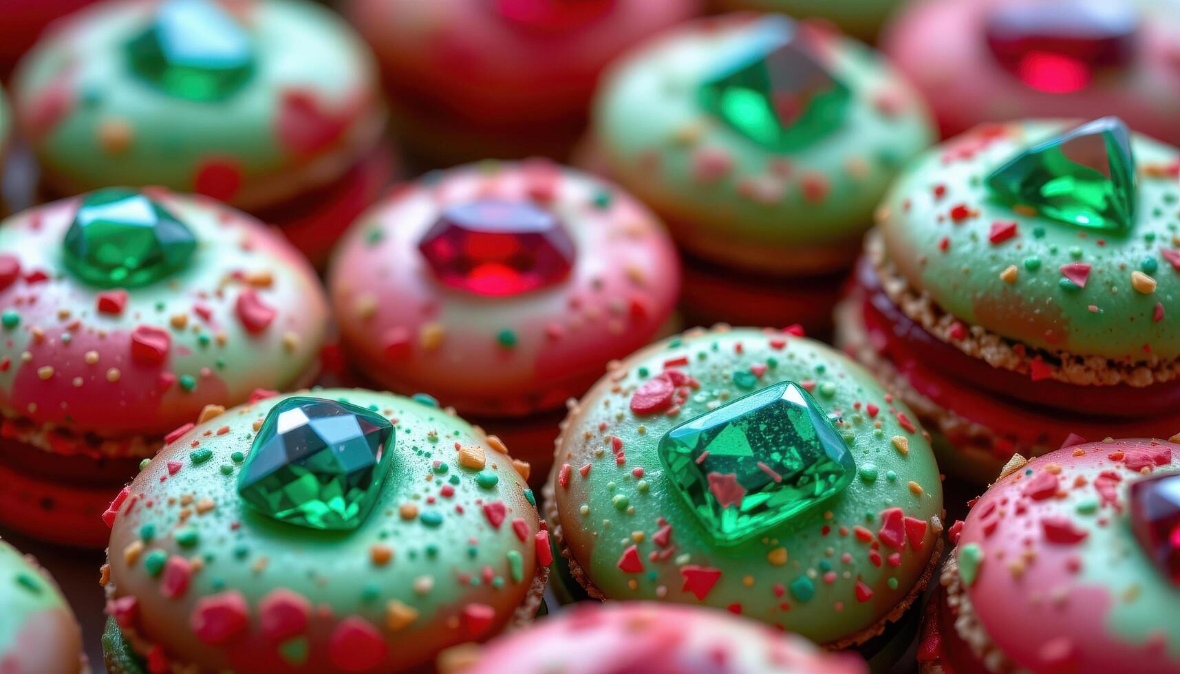 close up view of macarons inspired by gemstones, with ruby red and emerald green shimmer. photo
