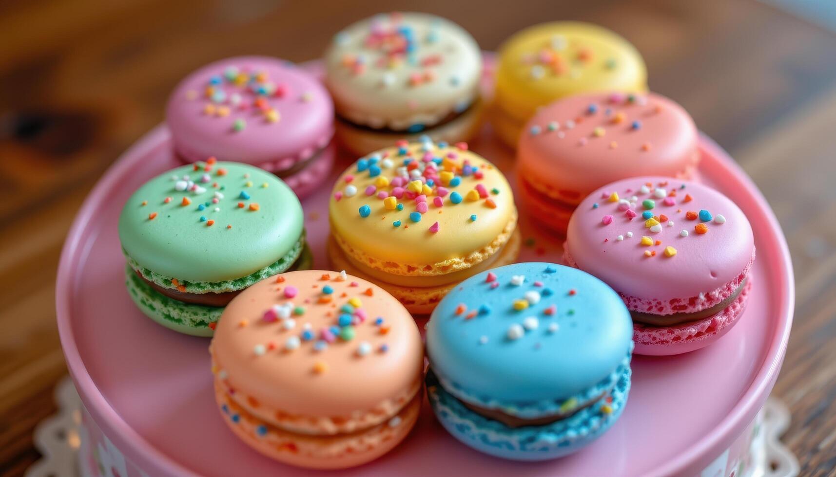 close up view of rainbow sprinkled macarons arranged in a spiral pattern on a pink cake platter. photo