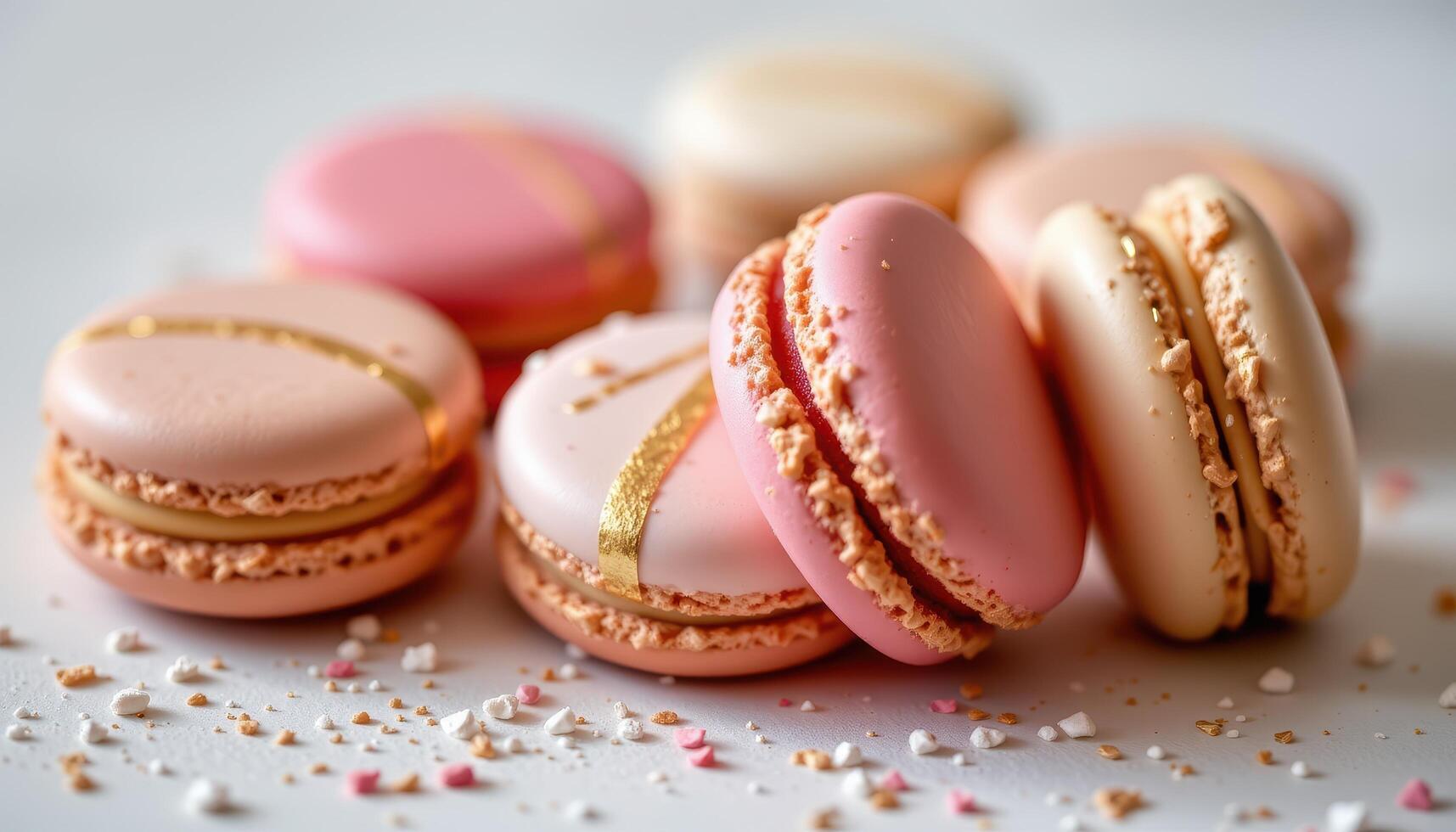 close up view of elegant macarons with delicate gold brush strokes and minimalist styling. photo