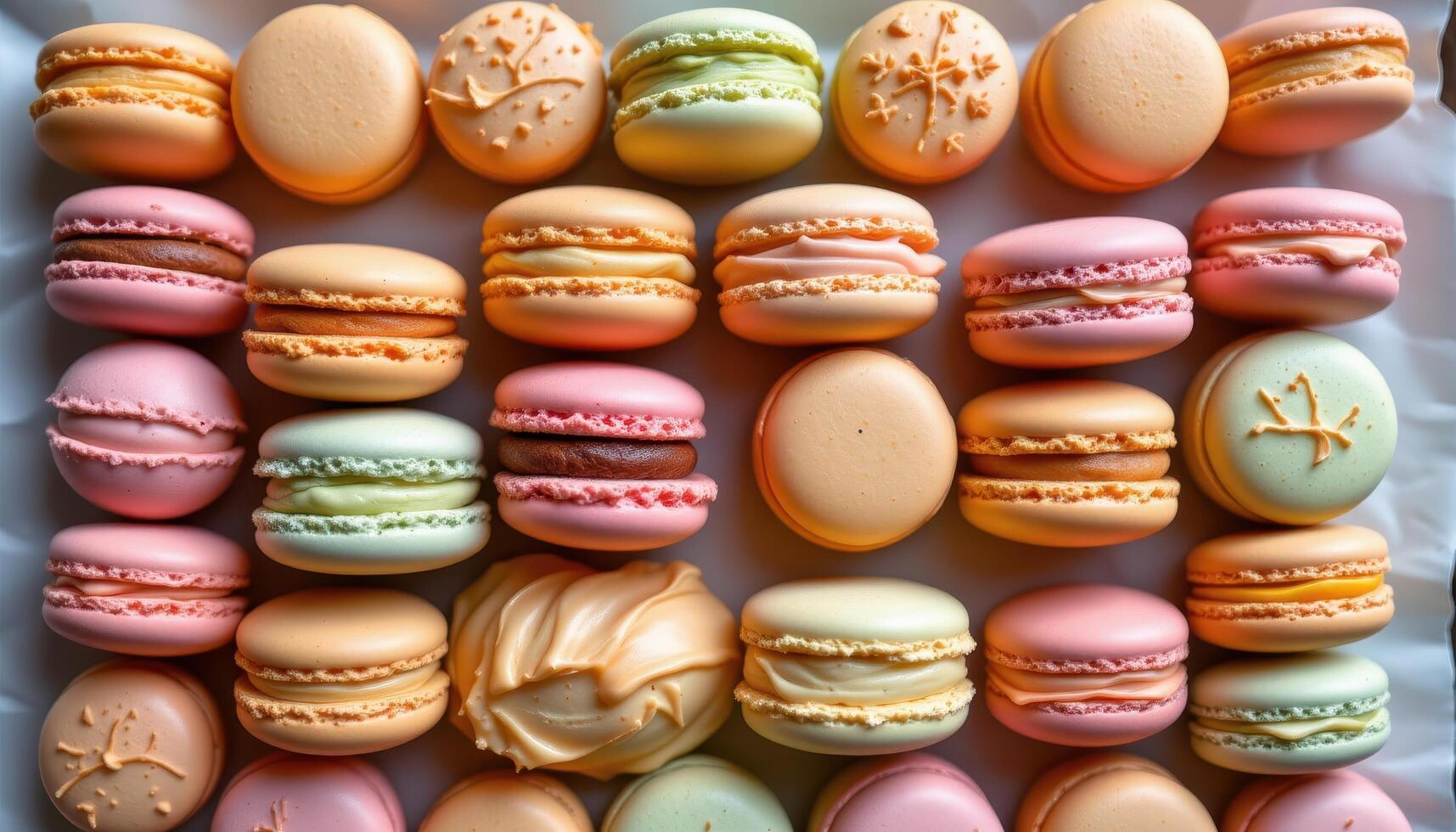 close up view of symmetrical rows of macarons arranged in pastel gradient on white parchment. photo