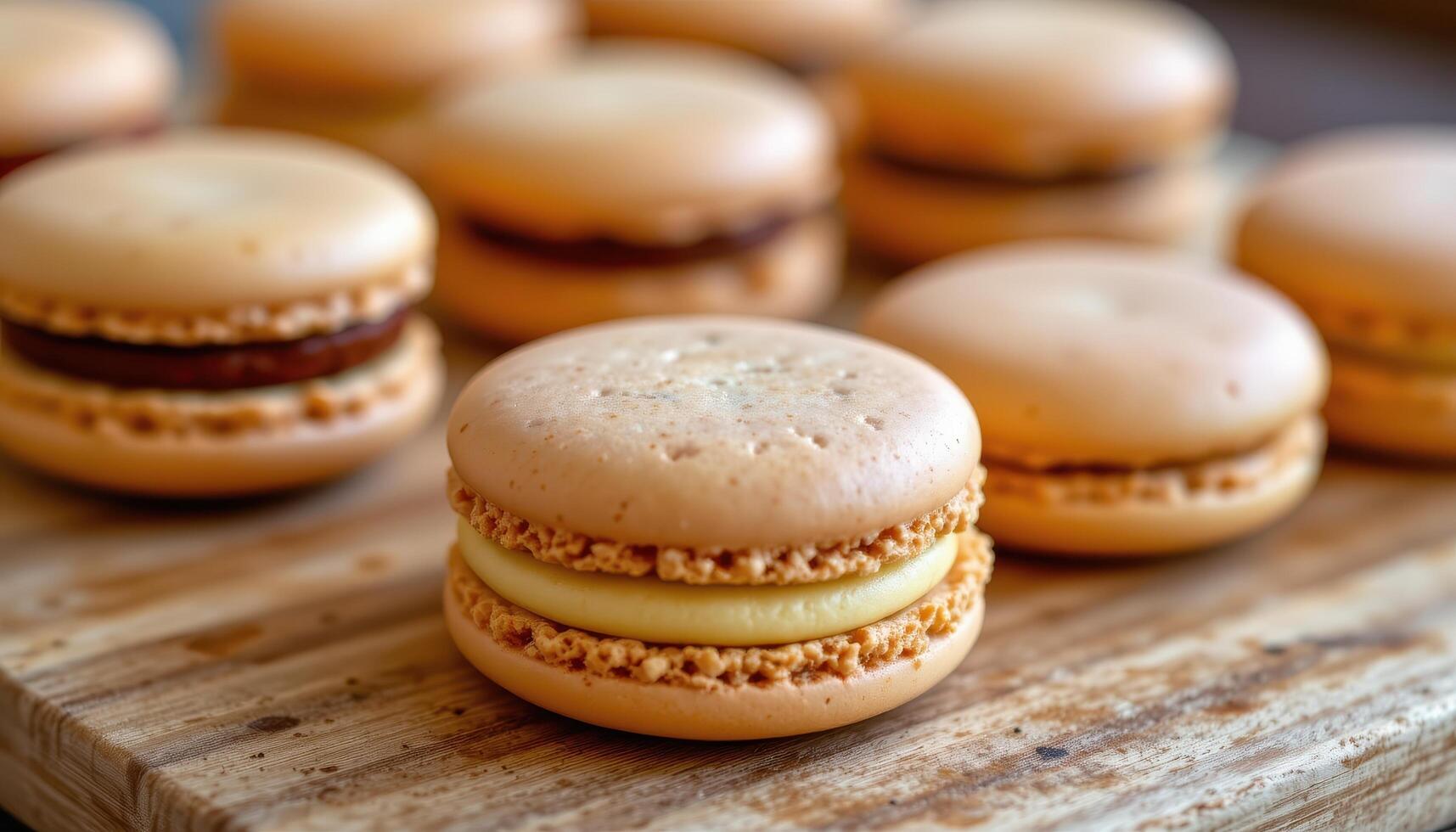 close up view of rustic macarons slightly uneven in shape, placed on a cutting board. photo