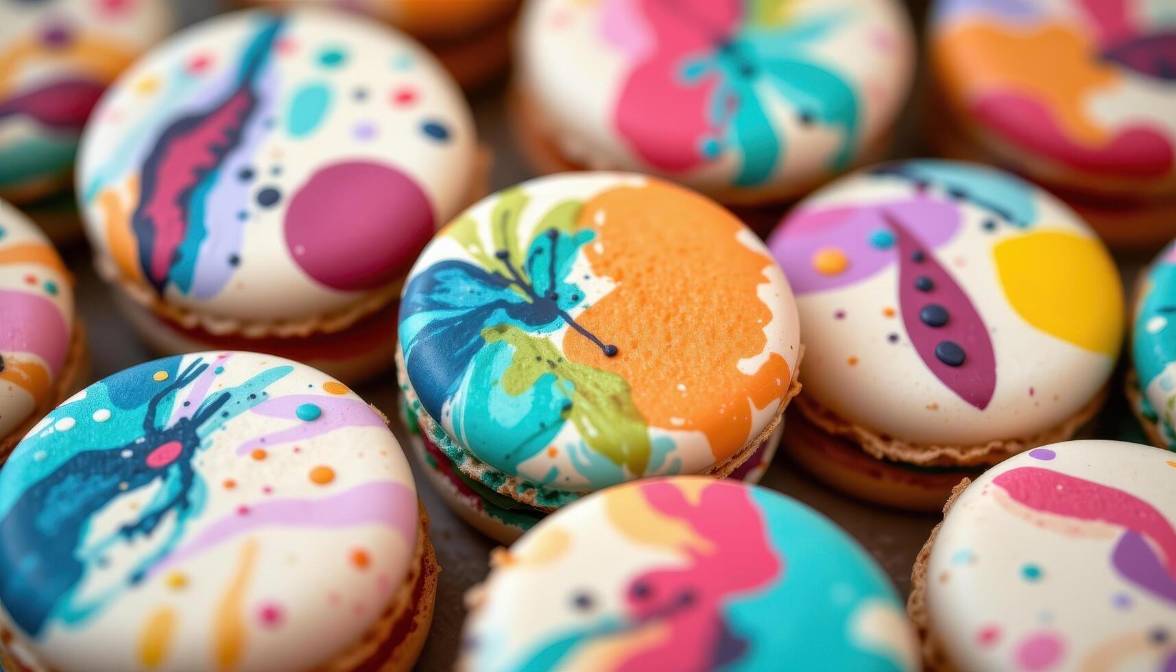 close up view of artisanal hand painted macarons with abstract brush strokes and matte finishes. photo