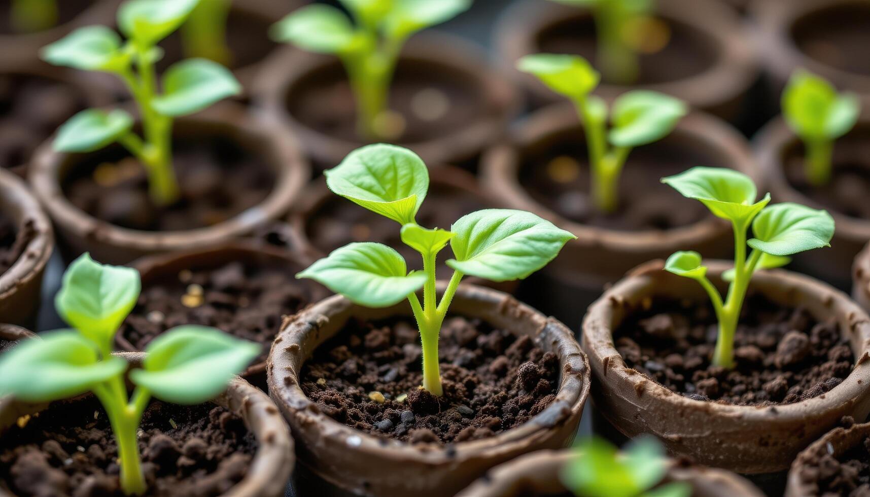 close up view of young sunflower seedlings growing in biodegradable pots. photo
