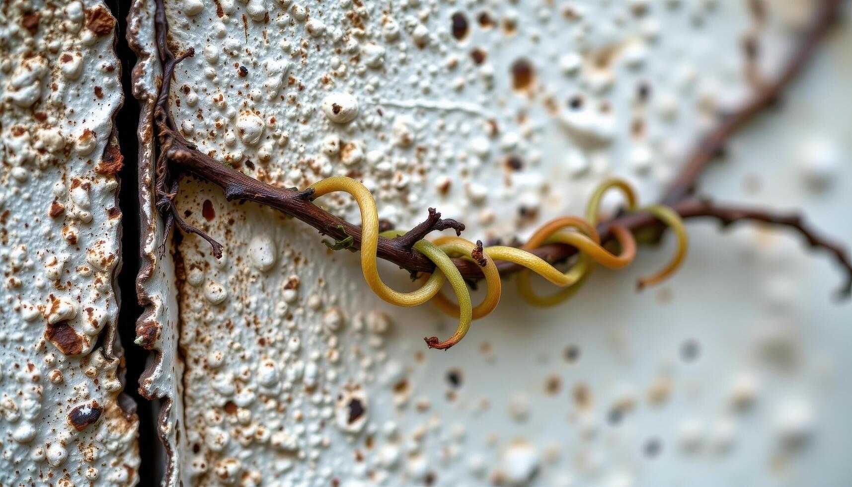 close up view of twisting tendrils of a climbing vine grasping a weathered surface. photo