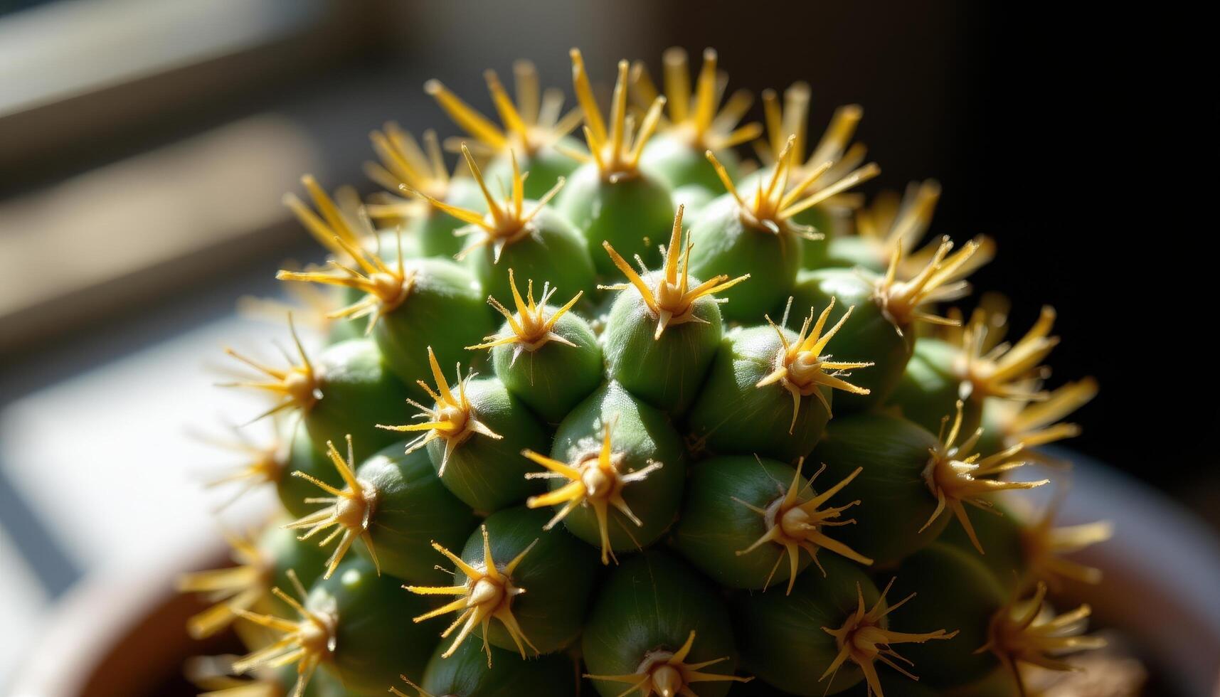 close up view of a cactus under harsh light showing dramatic shadows and tiny spines. photo