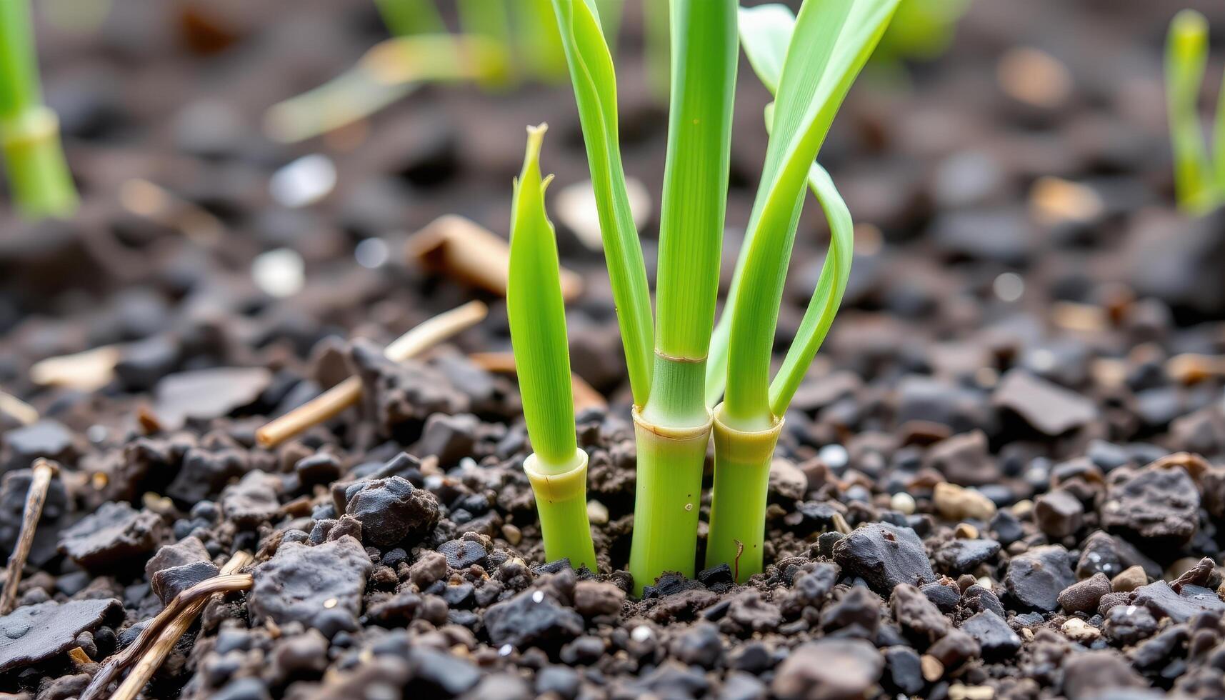 close up view of the tips of young bamboo shoots emerging from rich, dark soil. photo
