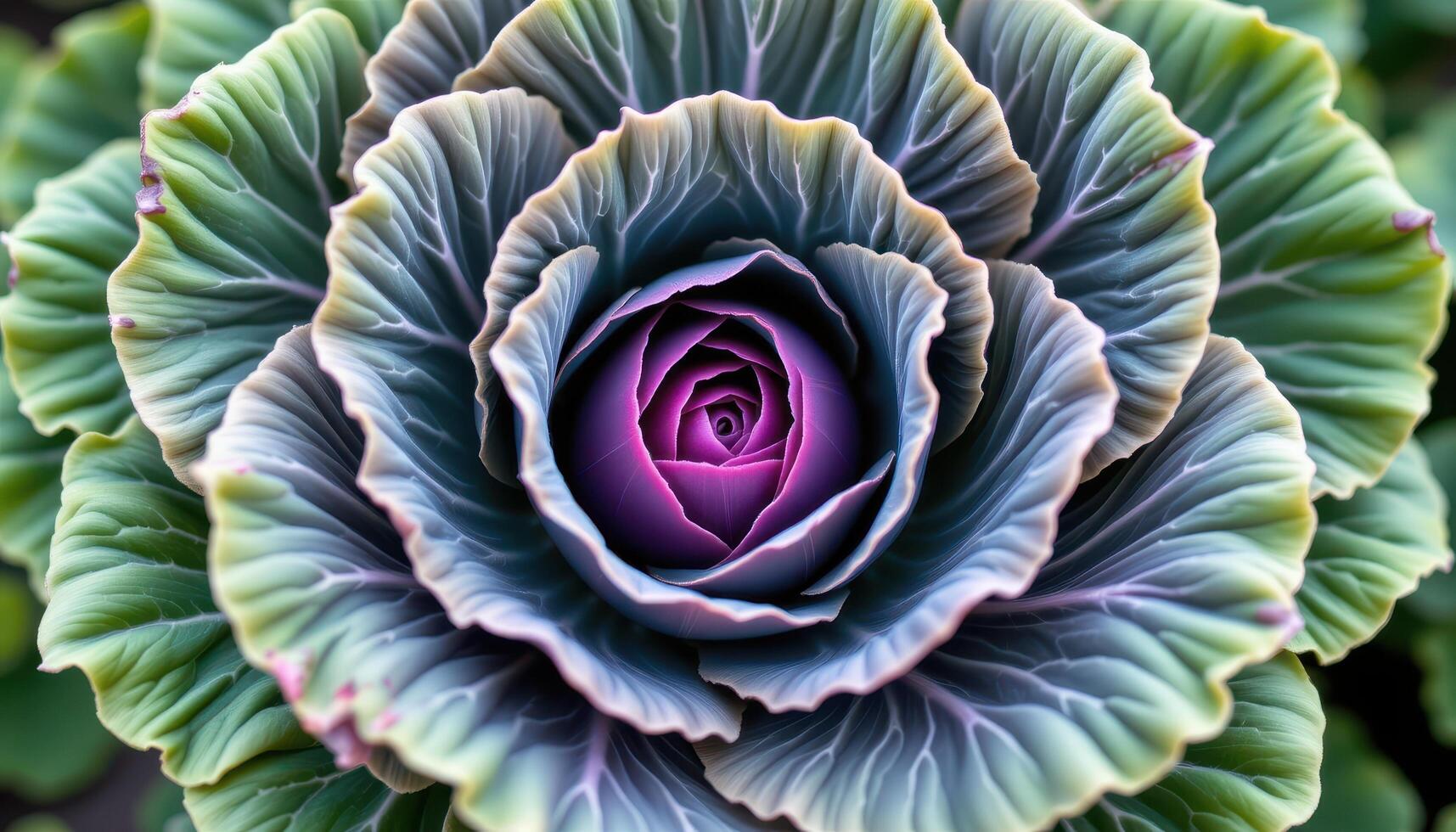 close up view of an ornamental cabbage plant with concentric leaf layers in green and purple. photo