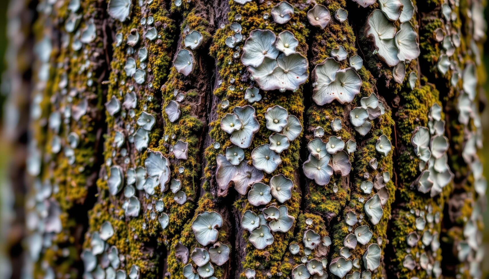 close up view of a mossy tree trunk with lichen patterns forming abstract textures across the bark. photo