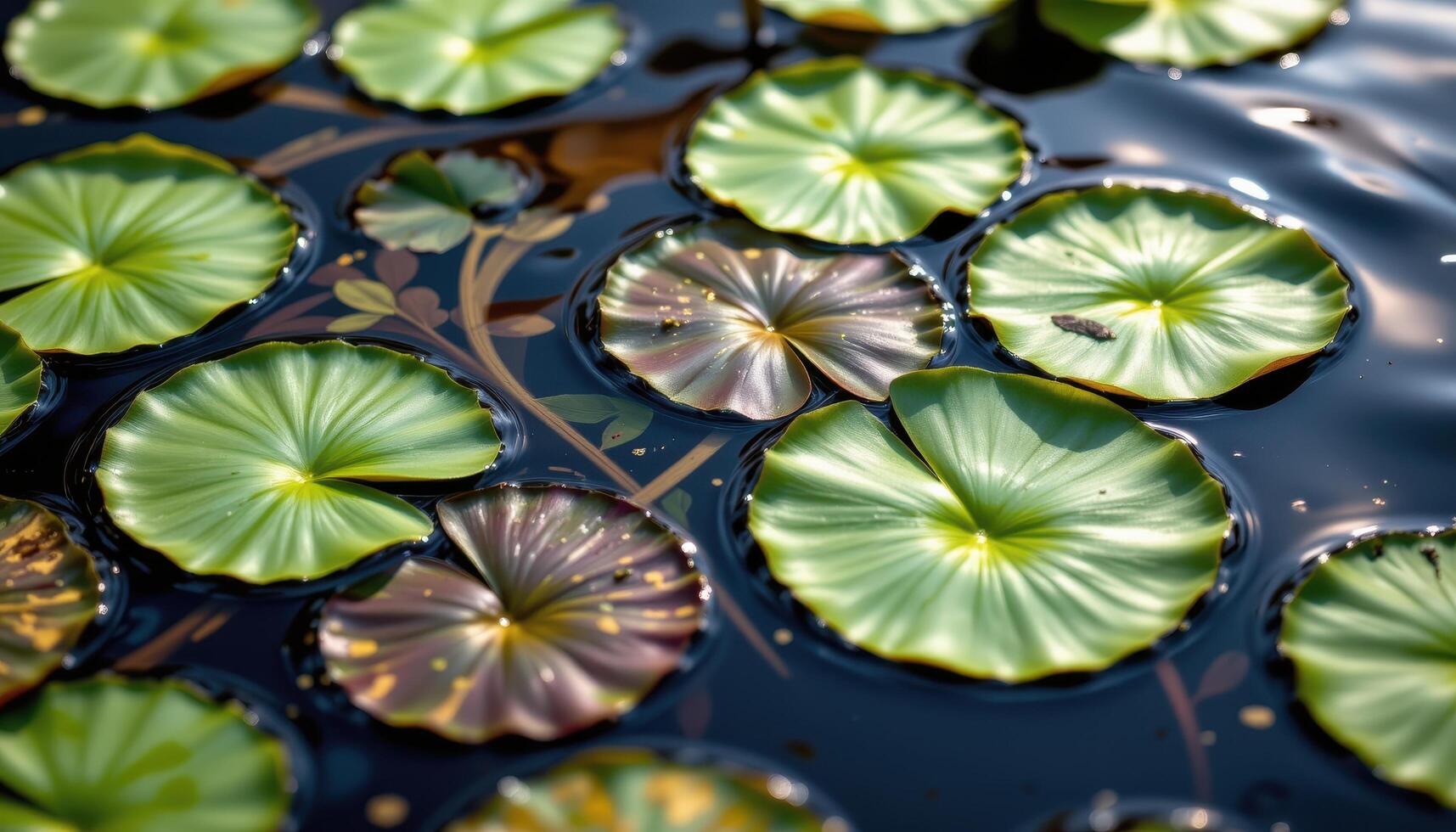close up view of lily pads floating calmly on a pond surface with soft ripples and scattered pollen. photo
