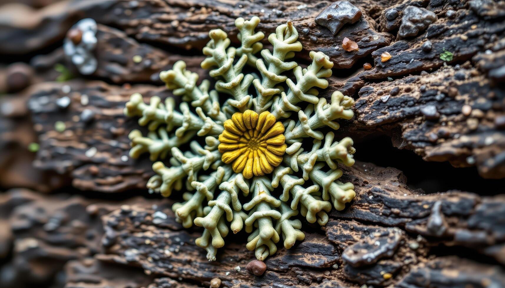 close up view of lichen growing in radial patterns on an old piece of driftwood in moist air. photo