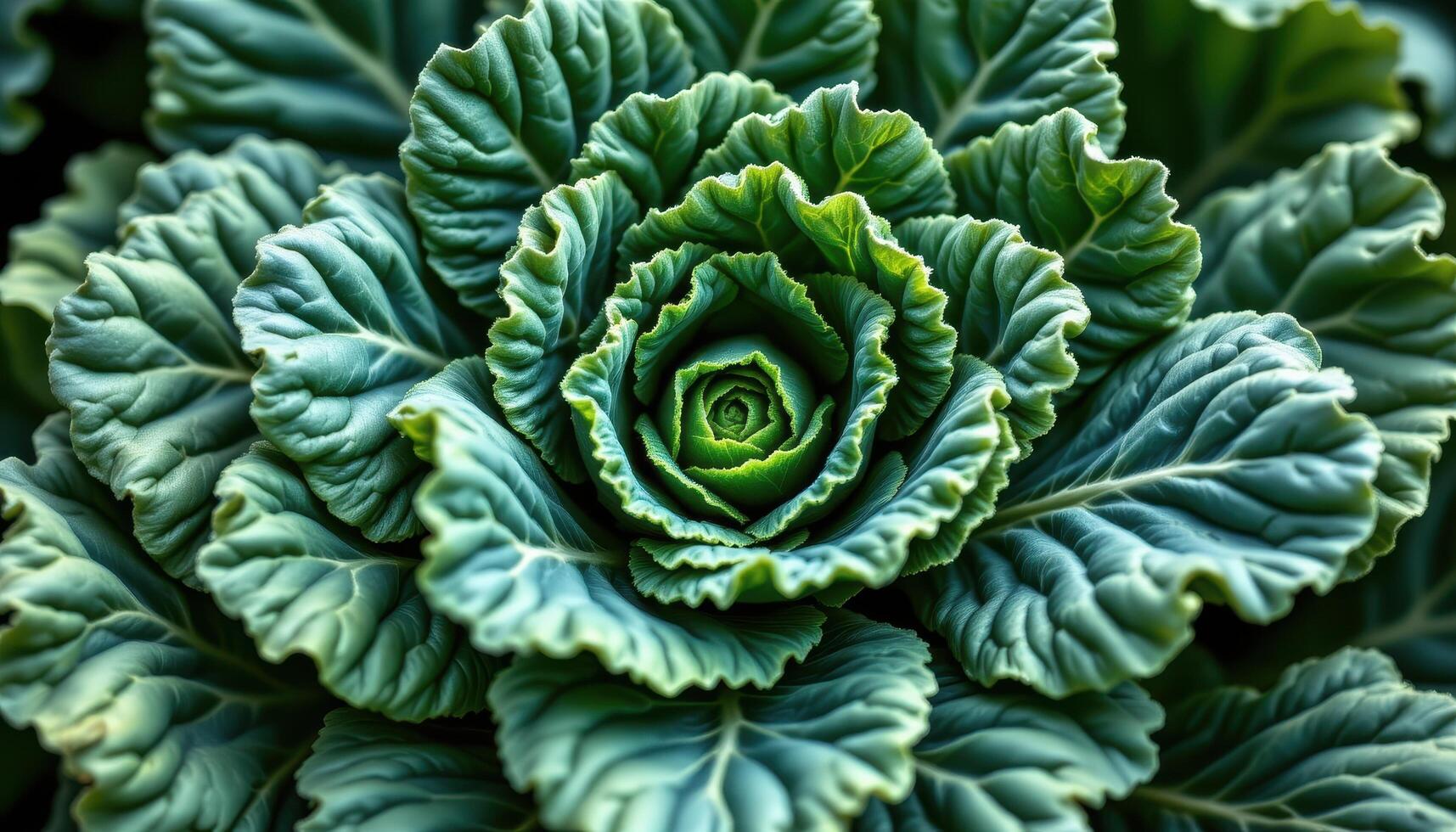 close up view of tightly packed kale leaves with deep green color and curly edges creating shadow play. photo