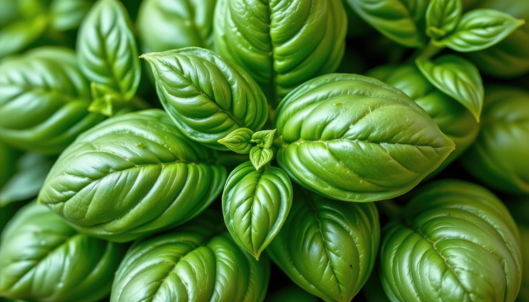 close up view of fresh basil with smooth green leaves layered in subtle curves. photo