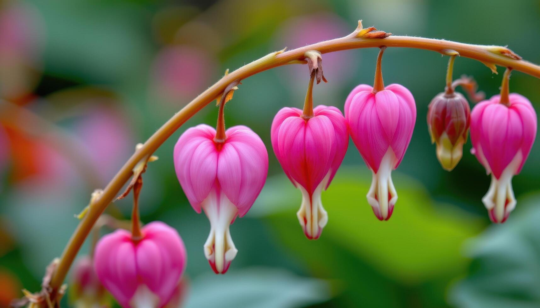 close up view of bleeding heart flowers arching along a stem in soft pink and white hues. photo