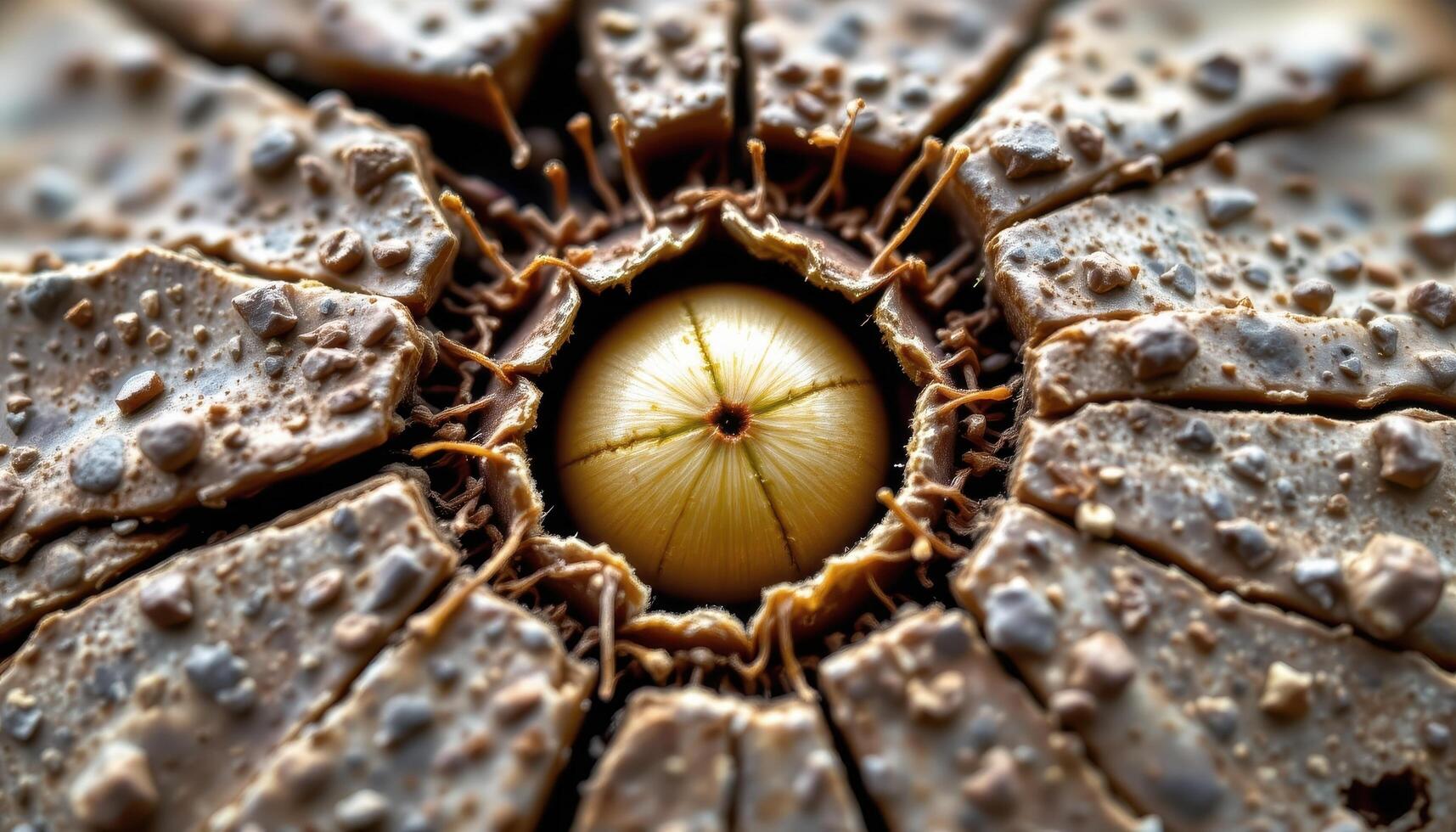 close up view of a cracked open seed revealing the first signs of new life within its core. photo