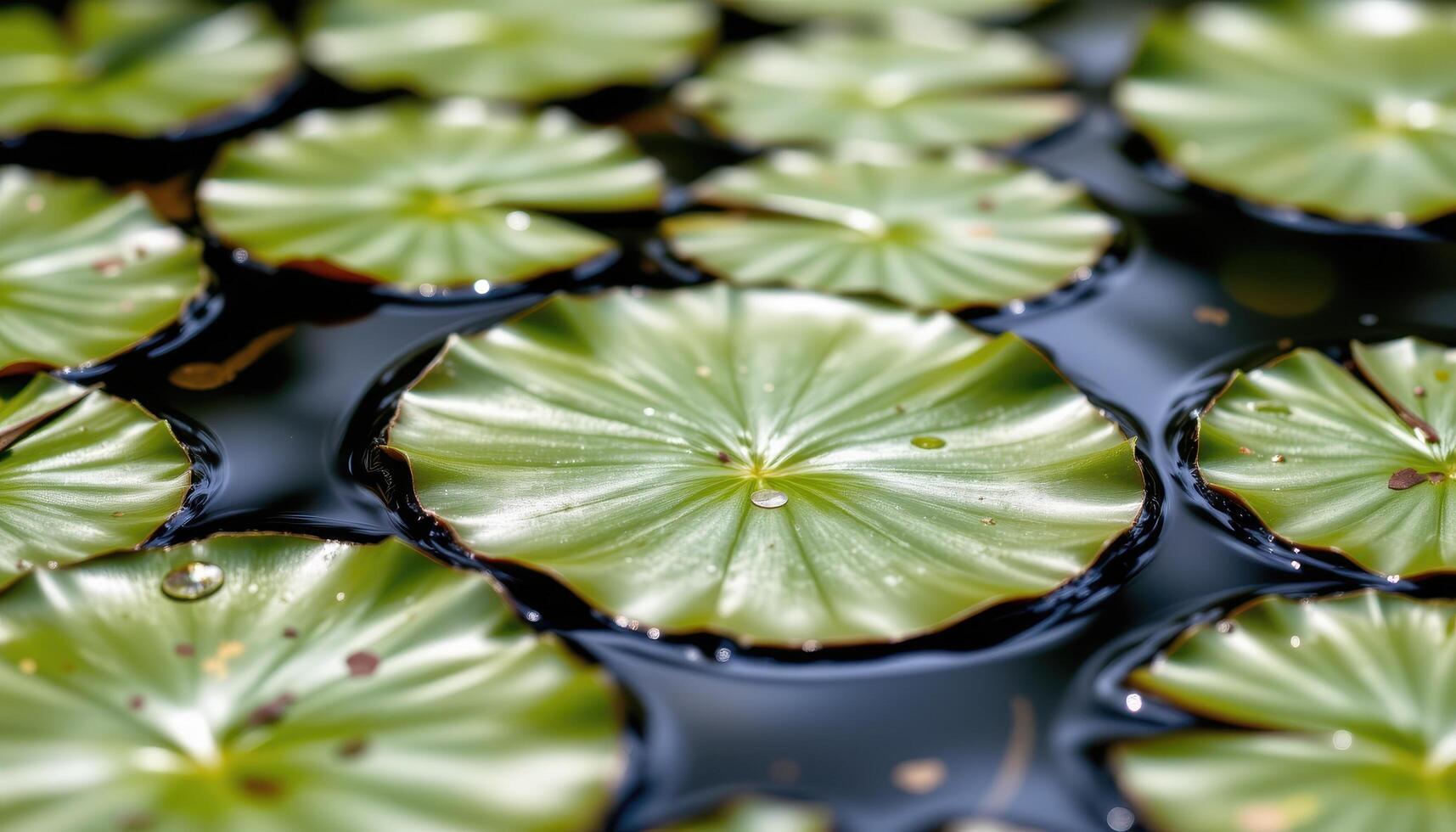close up view of lily pad surfaces reflecting subtle ripples on a quiet pond. photo