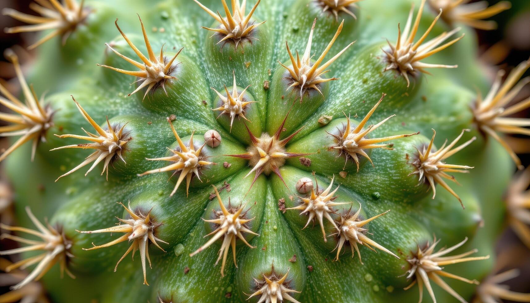 close up view of cactus spines arranged in symmetrical rows across a plump green surface. photo