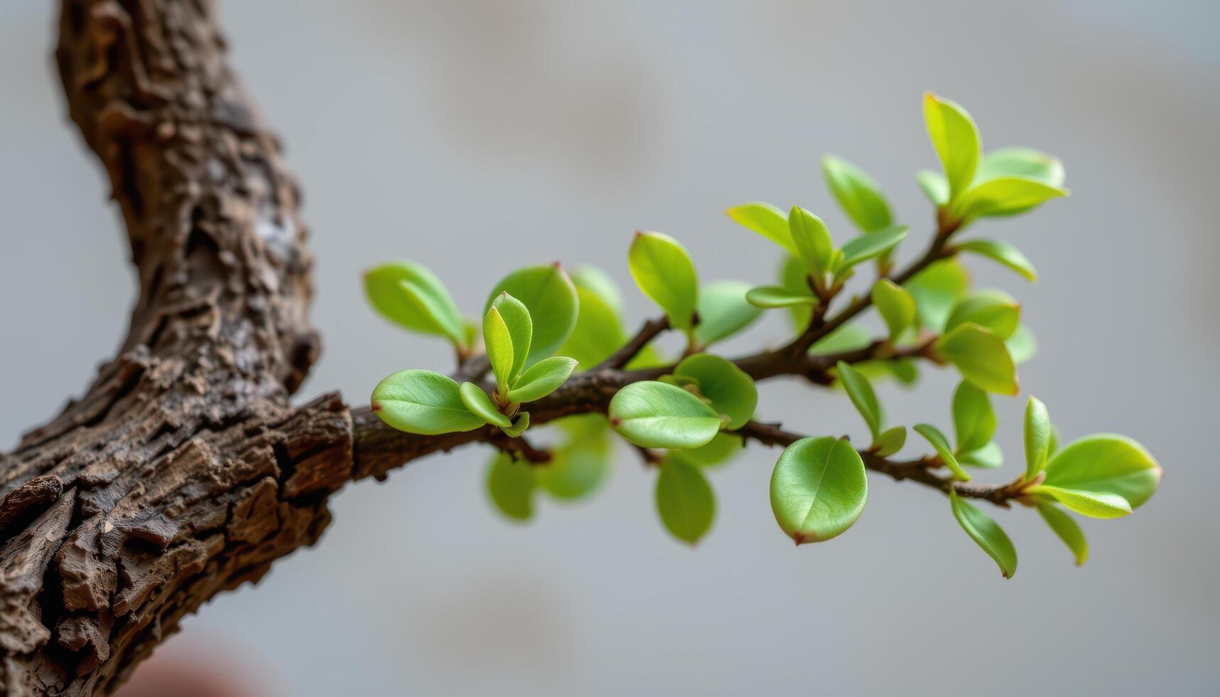 close up view of a bonsai tree branch with miniature leaves and rough textured bark. photo