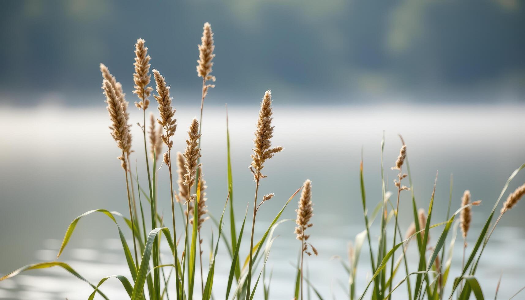 close up view of reed plants standing tall near a water's edge in morning fog. photo