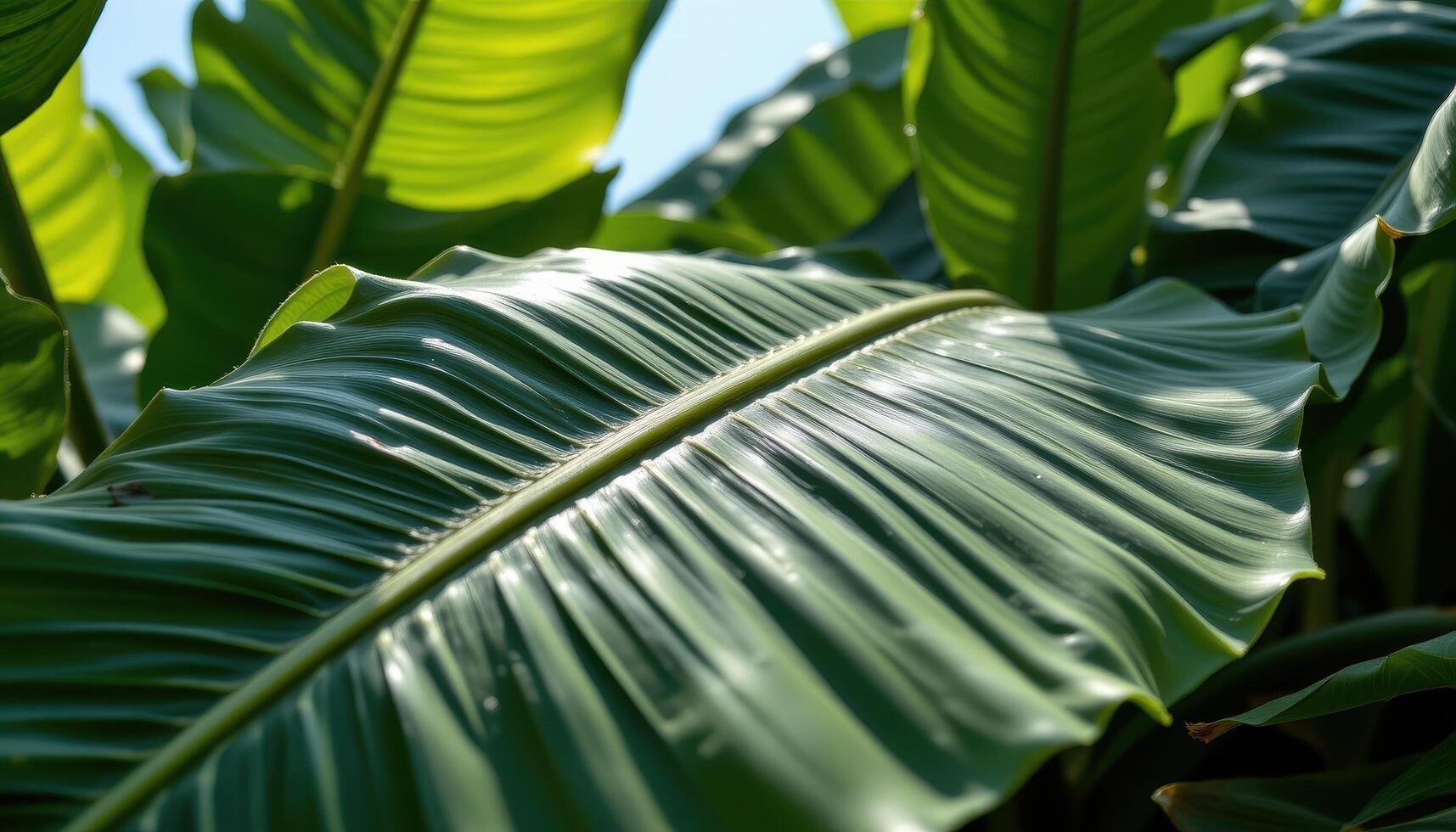 close up view of thick tropical banana leaves with deep ridges and sunlight casting dramatic highlights. photo