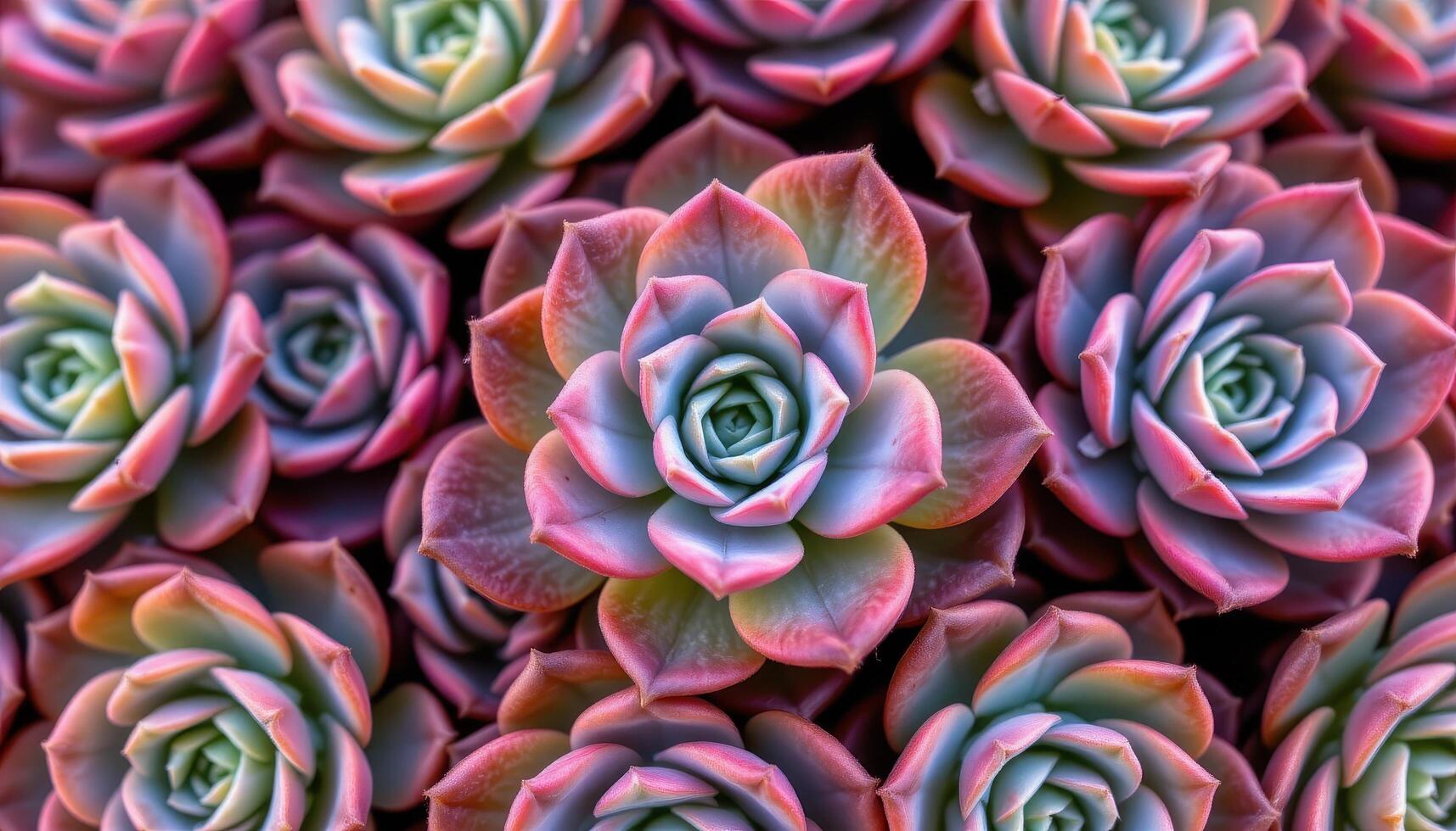 close up view of vibrant succulent rosettes arranged in a symmetrical pattern, showing detailed leaf edges. photo