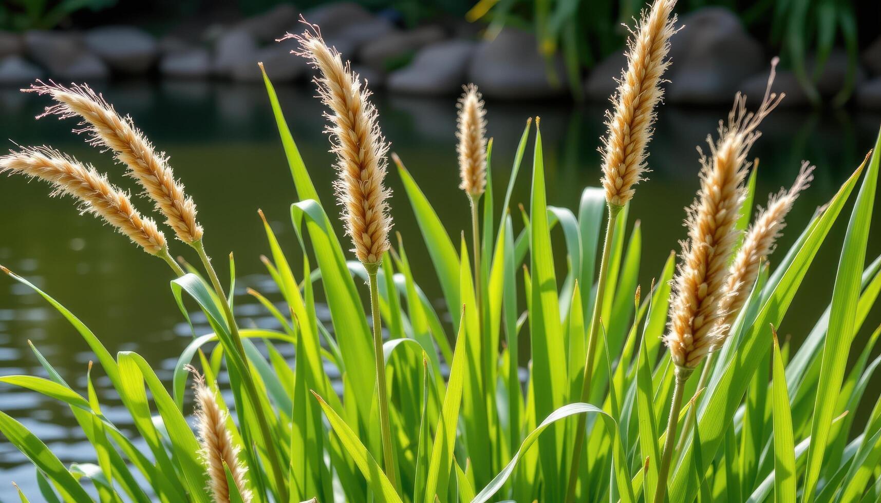 close up view of papyrus plants swaying gently near a pond, with segmented stems rising upward. photo