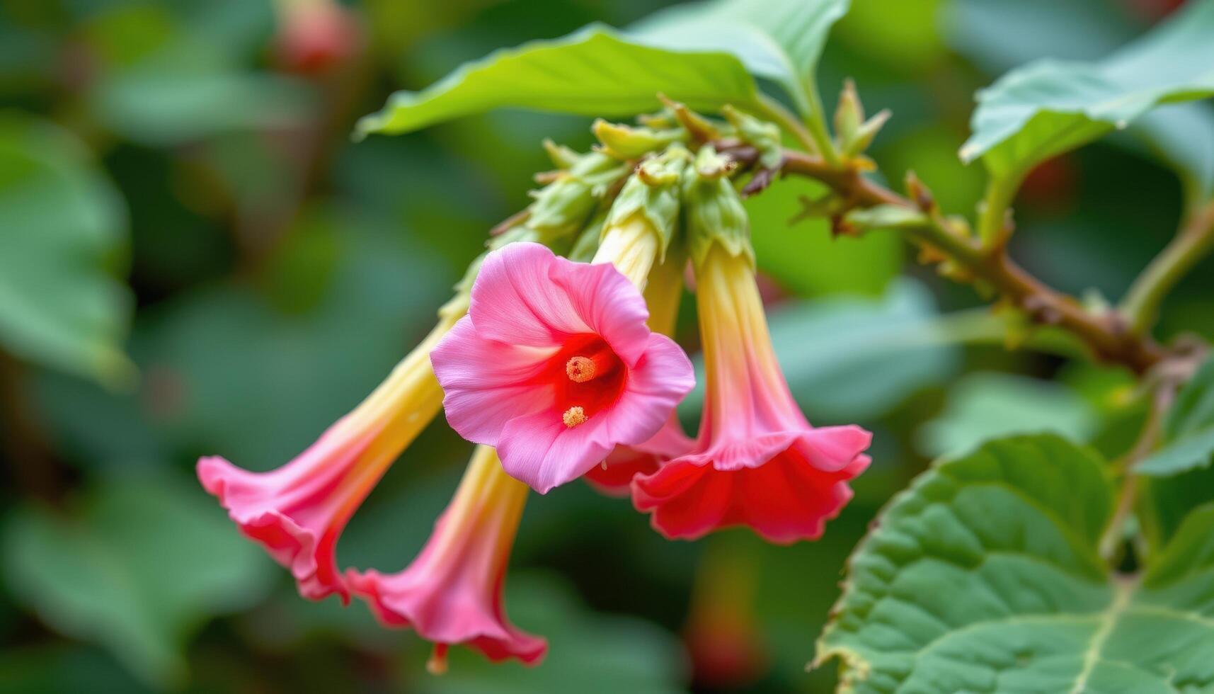 close up view of trumpet vine blossoms emerging from twisted stems. photo