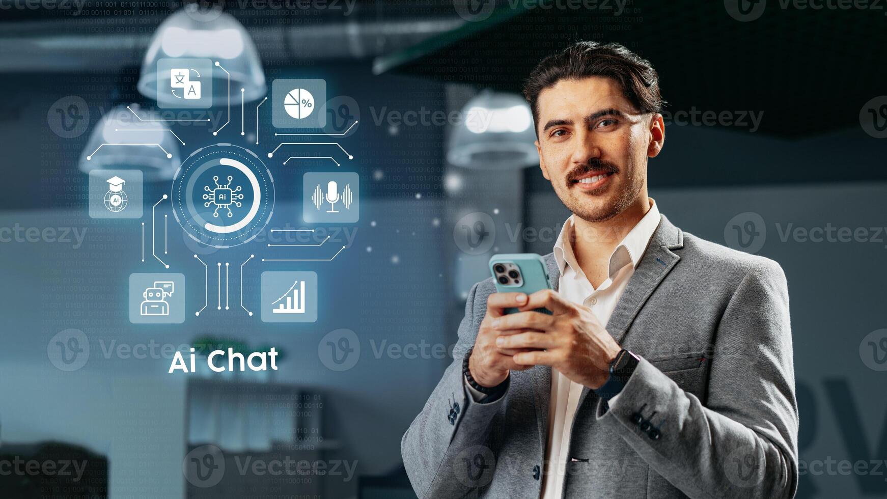 Professional man engaging with AI technology in a modern office environment photo