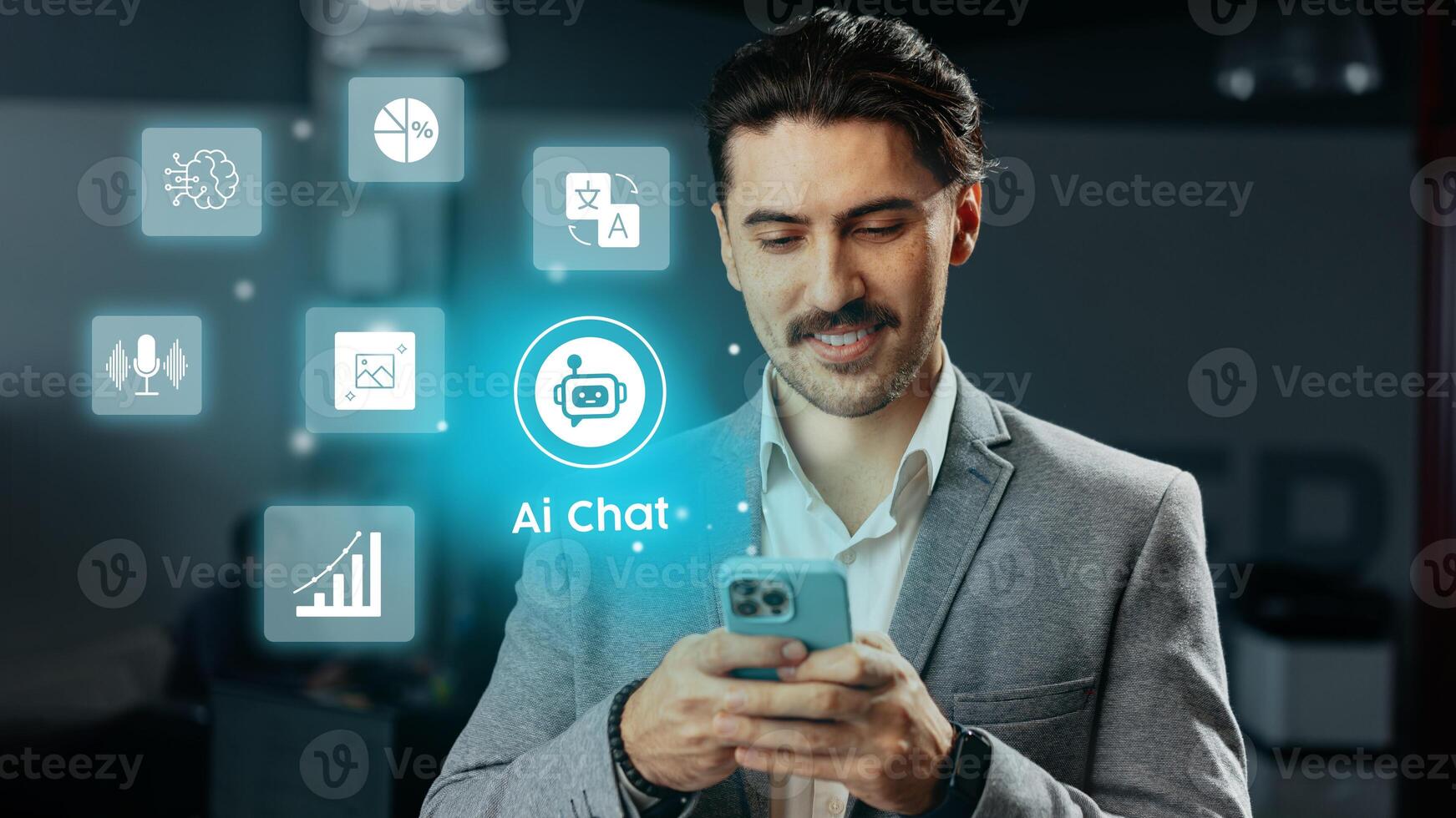 Professional man using smartphone for AI chat in modern office setting with technology icons photo