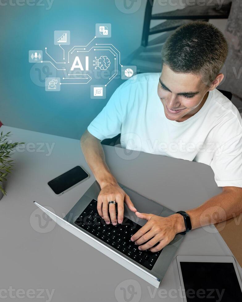 Young man engaged in creative work using a laptop and exploring artificial intelligence concepts at home photo