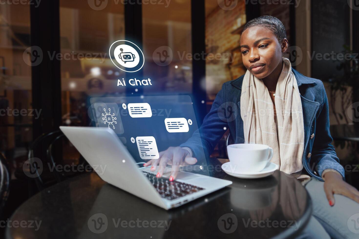 Young woman engages in virtual conversation at a cafe, using laptop in a modern workspace during the day photo