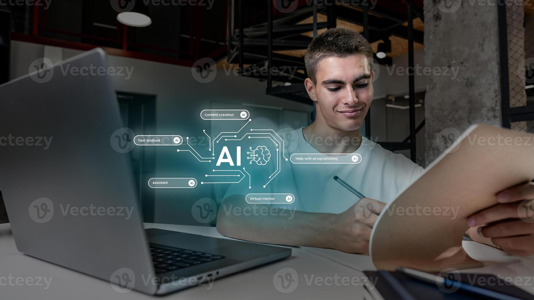 Young person engaged in creative work with AI assistance in modern office space during the day photo