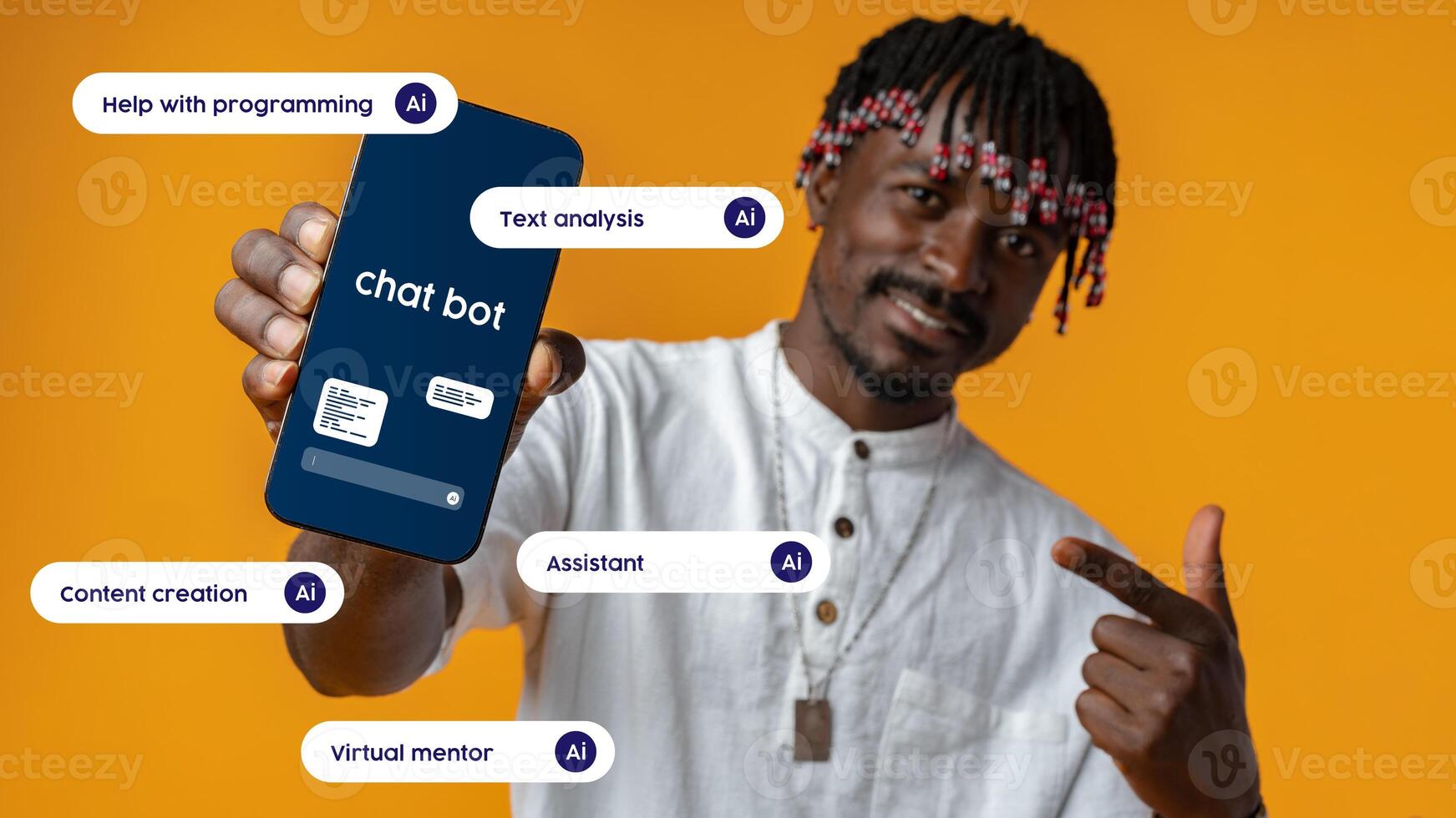 Man showcasing chatbot app features with AI capabilities in a vibrant orange background photo