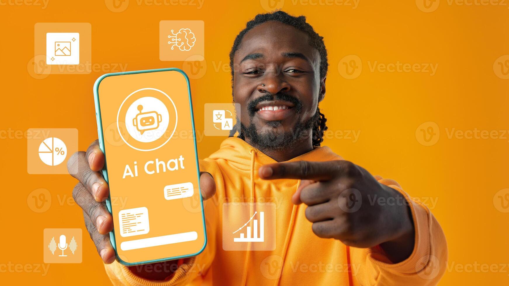 Smiling man showcasing an AI chat application on a smartphone against a vibrant orange background photo