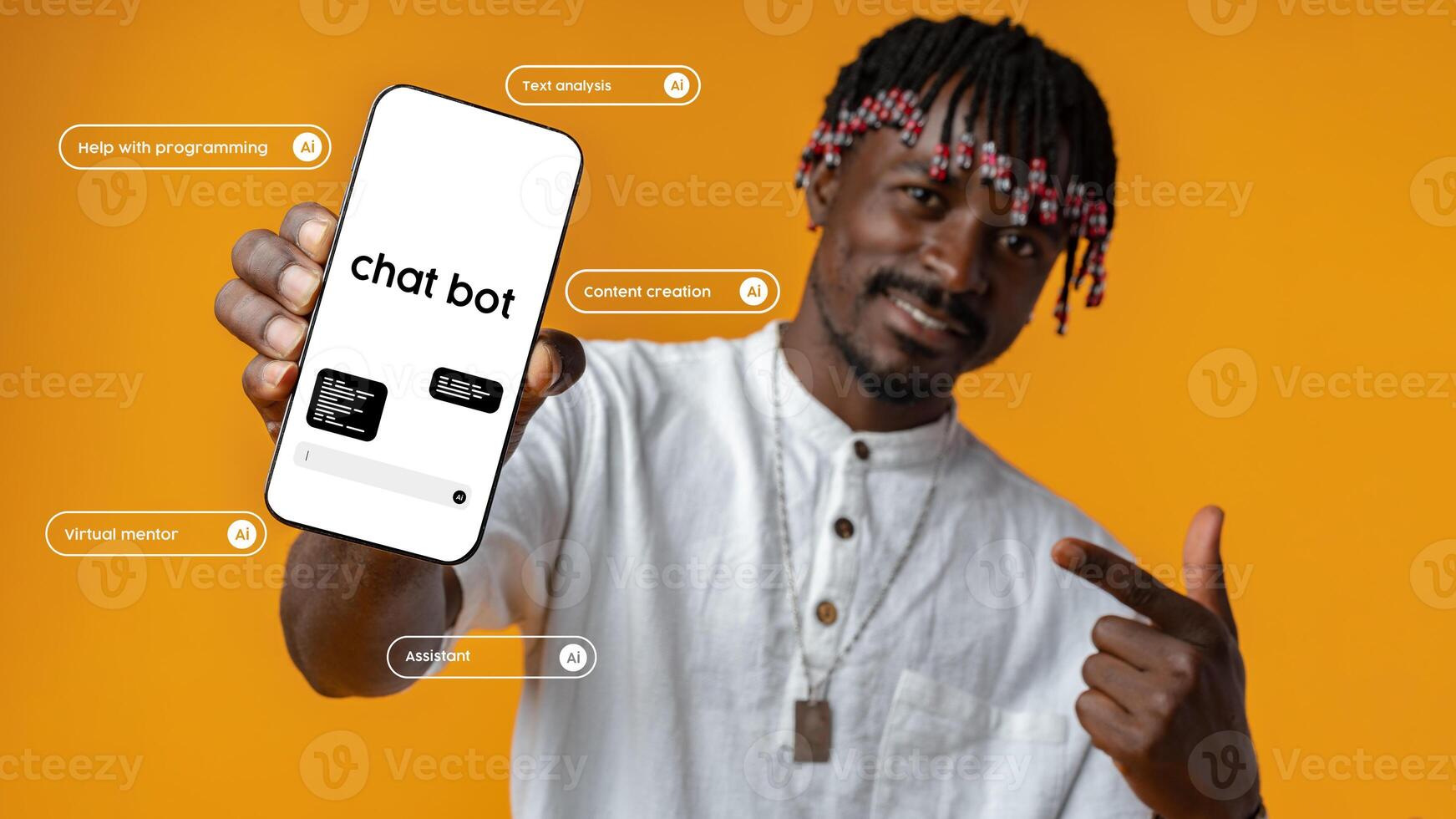 Man showcasing chatbot mobile application with helpful features on a vibrant orange background photo