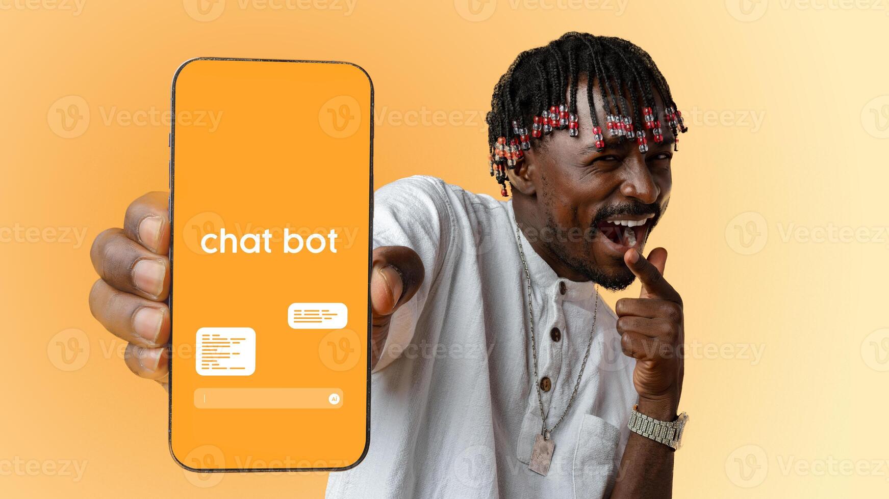 Man showcasing smartphone with chatbot interface in vibrant setting, highlighting modern technology and communication trends photo