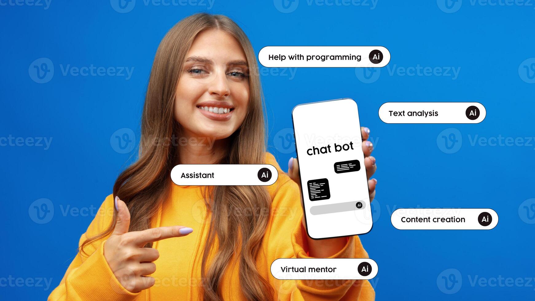 Young woman demonstrating chatbot app features while smiling against a blue backdrop photo