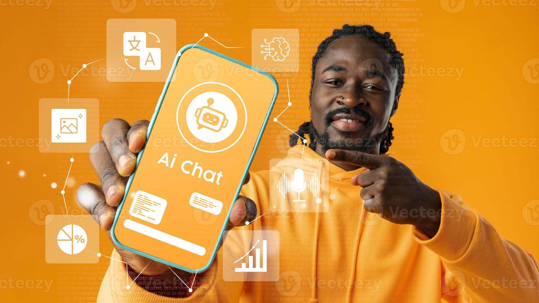 Young man showcases AI chat application on smartphone with vibrant orange background in modern digital environment photo