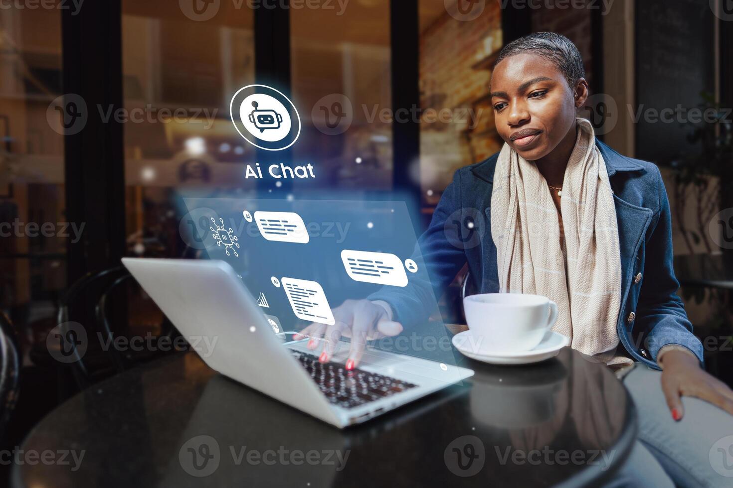 Woman engaging with AI chat technology in a cozy cafe setting while sipping coffee during the day photo